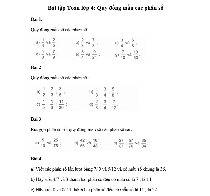 Bài tập Toán lớp 4: Quy đồng mẫu các phân số