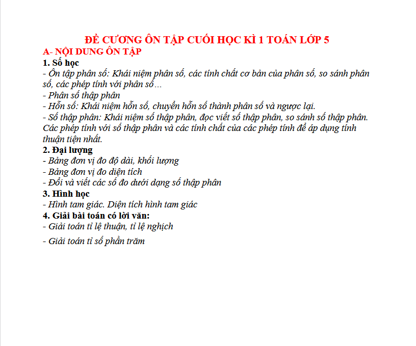 ĐỀ CƯƠNG ÔN TẬP CUỐI HỌC KÌ 1 TOÁN LỚP 5