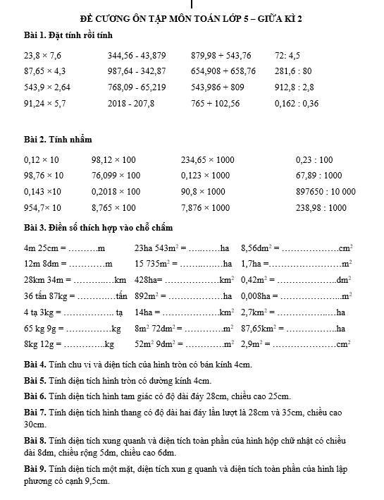 ĐỀ CƯƠNG ÔN TẬP MÔN TOÁN LỚP 5 – GIỮA KÌ 2