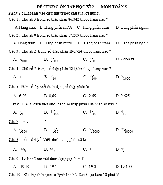 ĐỀ CƯƠNG ÔN TẬP MÔN TOÁN LỚP 5 HỌC KỲ 2