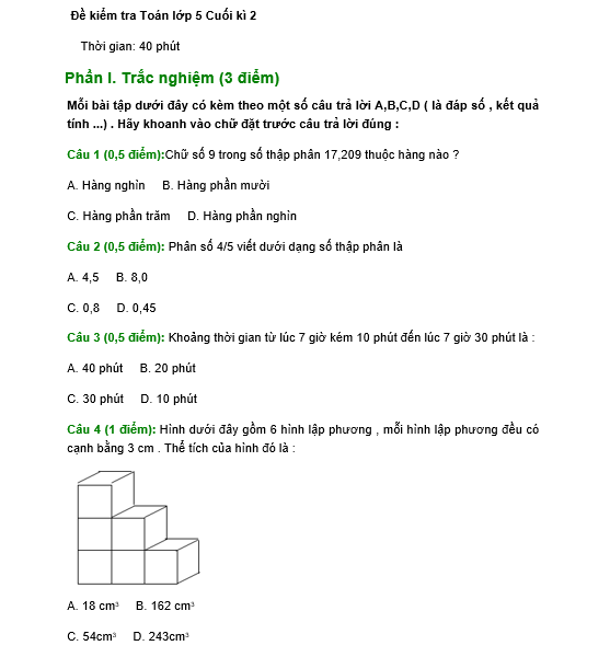 Đề kiểm tra Toán lớp 5 Cuối kì 2