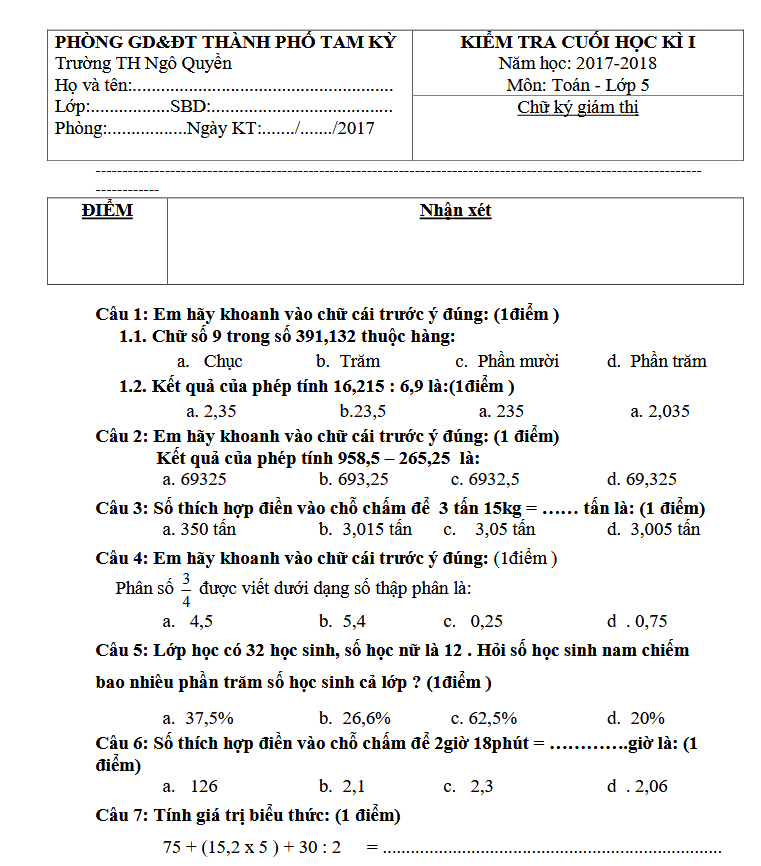 Đề thi HK1 Toán 5 - Trường Tiểu Học Ngô Quyền - Năm 2017 - 2018