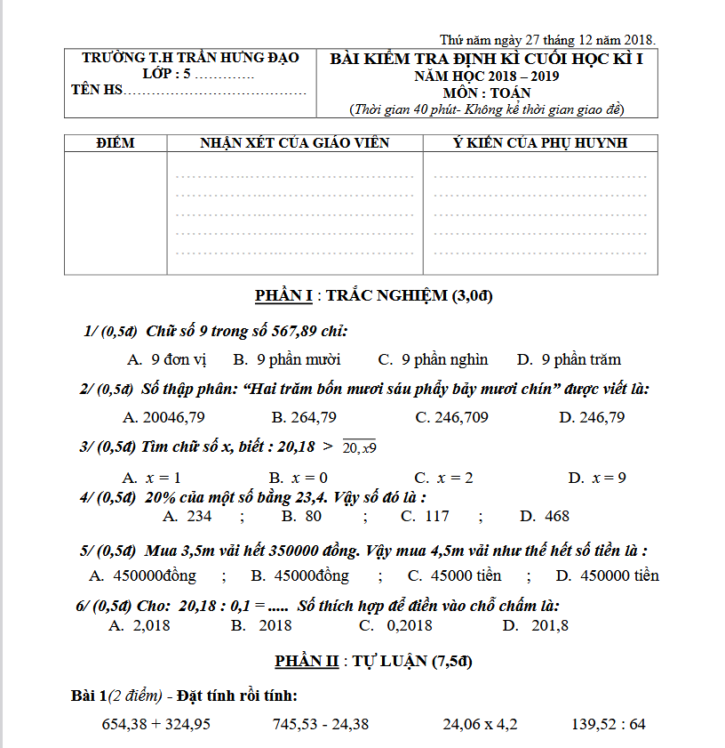 Đề thi HK1 Toán 5 - Trường Tiểu Học Trần Hưng Đạo - Năm 2018 - 2019