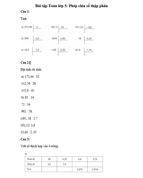 Bài tập Toán lớp 5: Phép chia số thập phân