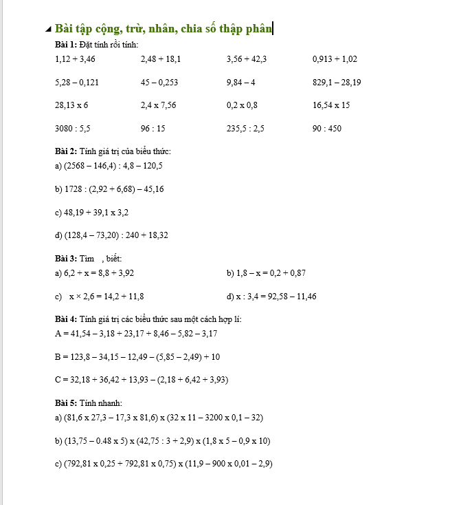 Bài tập cộng, trừ, nhân, chia số thập phân - Toán lớp 5