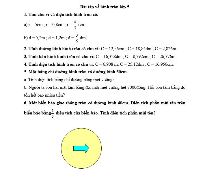 Bài tập về hình tròn lớp 5