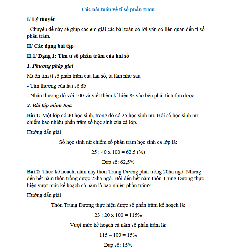 Các bài toán về tỉ số phần trăm lớp 5