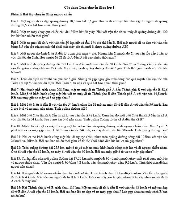 Các dạng Toán chuyển động lớp 5 - Cơ bản