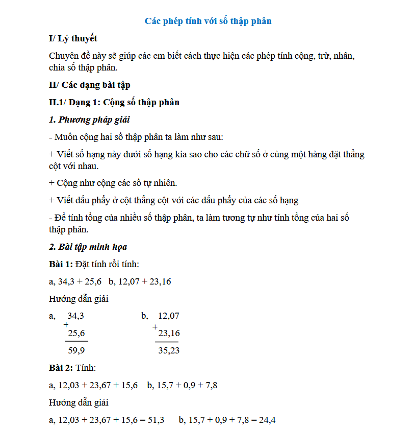 Các phép tính với số thập phân lớp 5