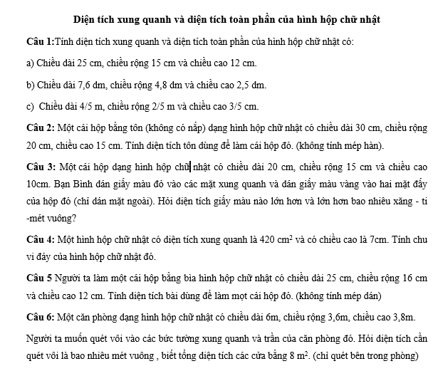 Bài tập Toán lớp 5 - Diện tích xung quanh và diện tích toàn phần của hình hộp chữ nhật