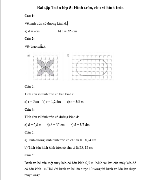 Bài tập Toán lớp 5: Hình tròn, chu vi hình tròn