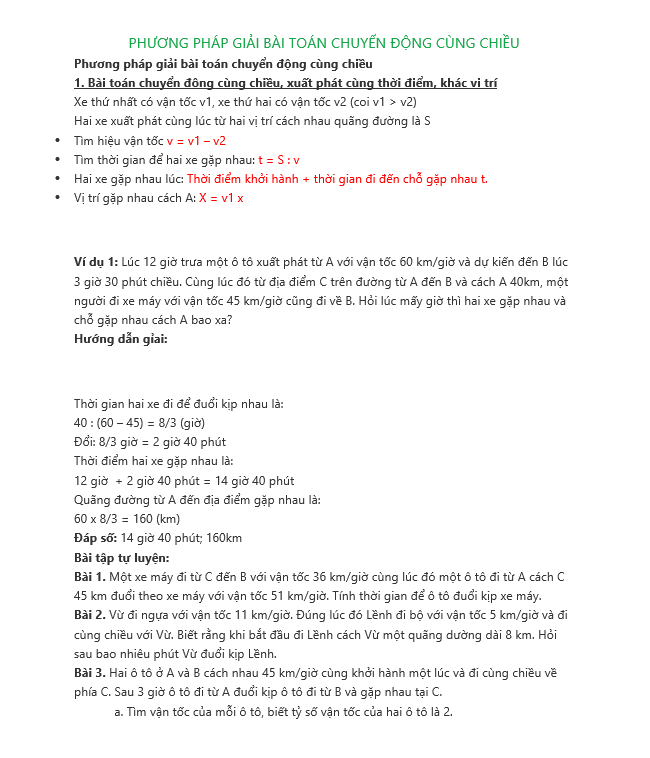 PHƯƠNG PHÁP GIẢI BÀI TOÁN CHUYỂN ĐỘNG CÙNG CHIỀU