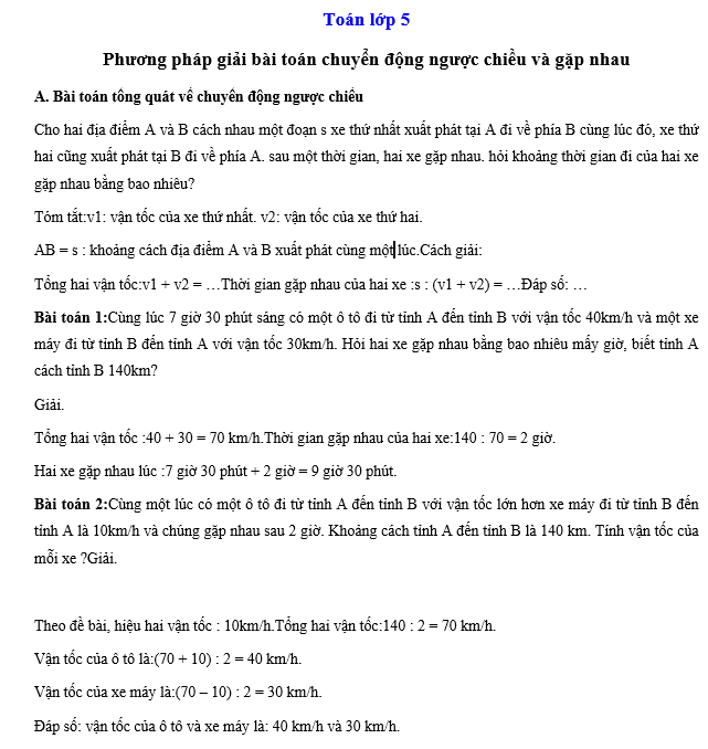 Phương pháp giải bài toán chuyển động ngược chiều và gặp nhau