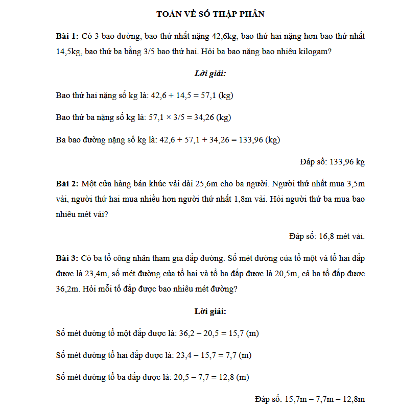 TOÁN VỀ SỐ THẬP PHÂN - Lớp 5